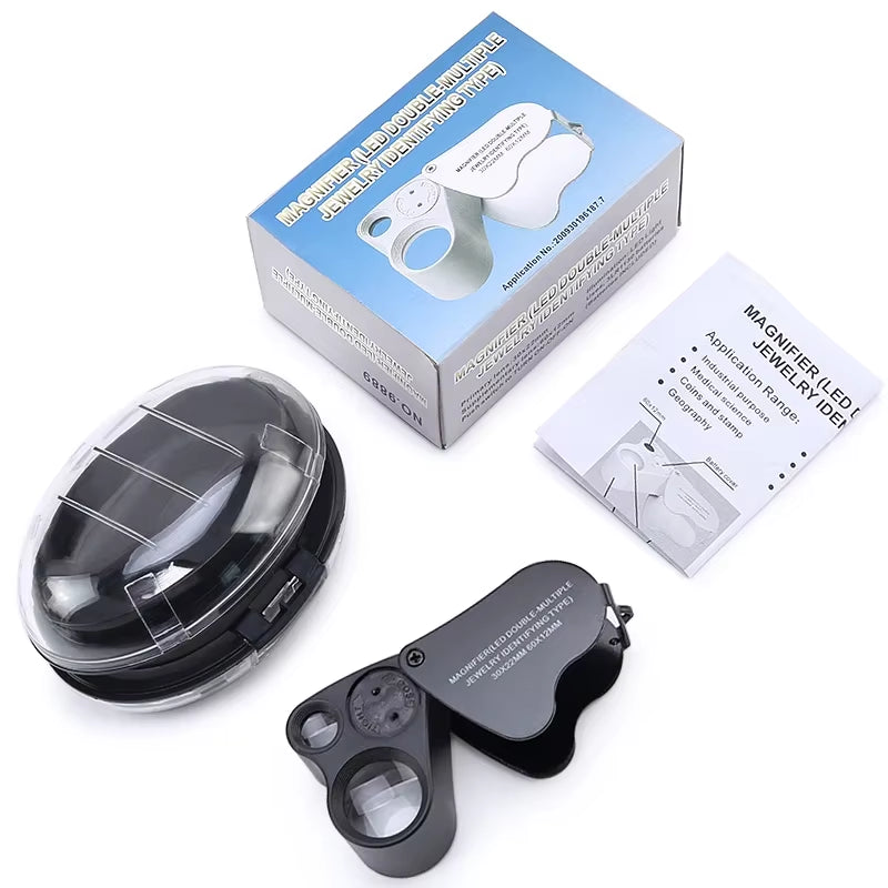 30X 60X Illuminated Jewelers Loupe Foldable Magnifier with LED Light for Jewelry Gems Watches Coins Stamps Antiques Black