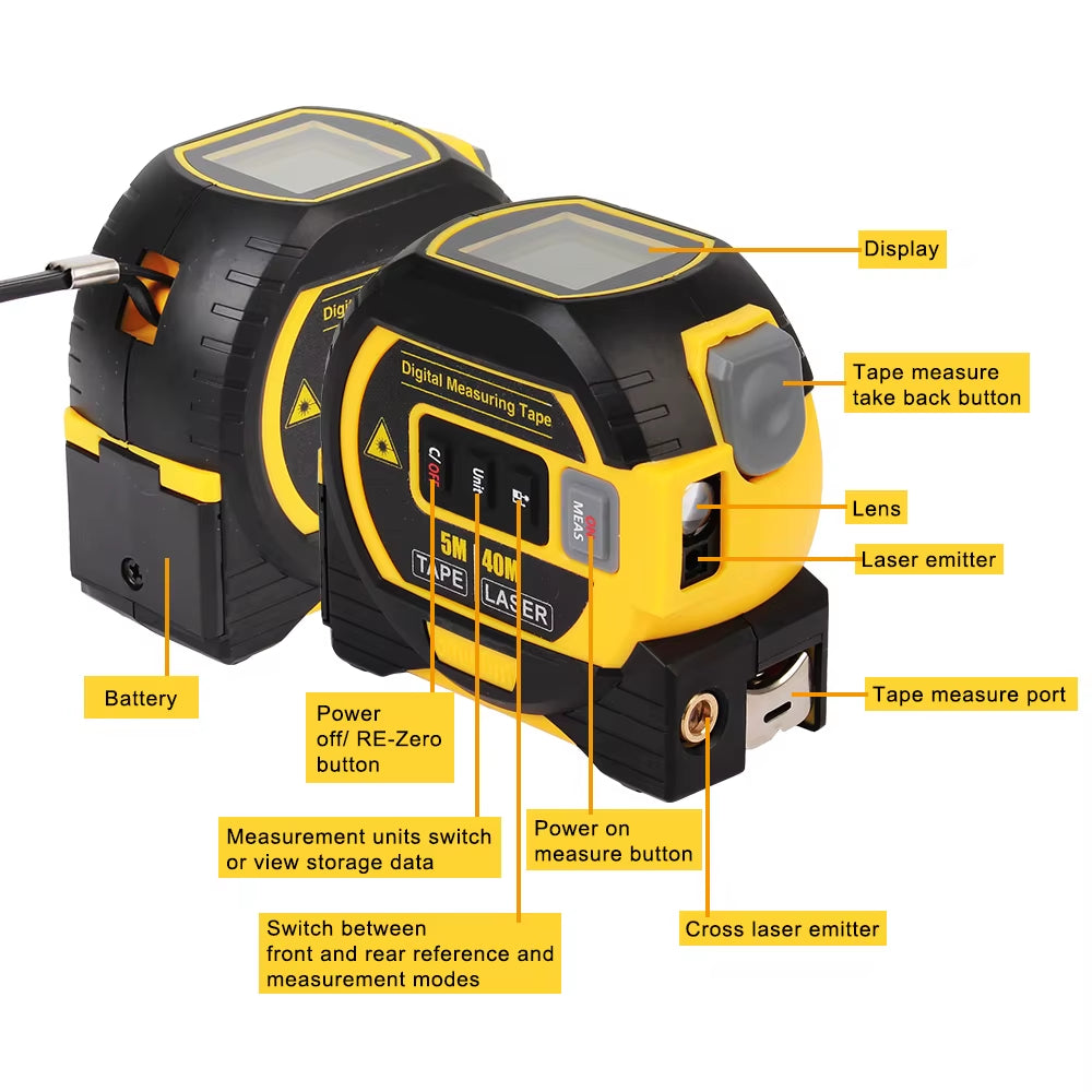 3 in 1 Distance Meter Tape Measure Ruler Laser Rangefinder Building Measurement Device 5M LCD Display with Backlight