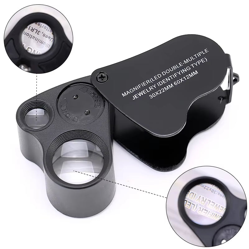 30X 60X Illuminated Jewelers Loupe Foldable Magnifier with LED Light for Jewelry Gems Watches Coins Stamps Antiques Black