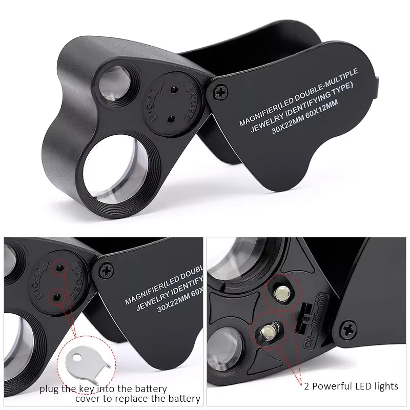 30X 60X Illuminated Jewelers Loupe Foldable Magnifier with LED Light for Jewelry Gems Watches Coins Stamps Antiques Black