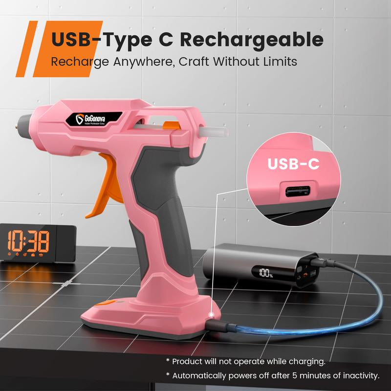 【Halloween Must-Haves】Gogonova Glue Gun, 20S Fast Preheating Anti-Drip Cordless Glue Gun, 2Ah USB-C Rechargeable with 25 Pcs Mini Glue Sticks, Smart Power-Off Tool Rubber Portable Handle