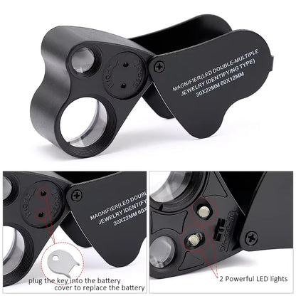 30X 60X Illuminated Jewelers Loupe Foldable Magnifier with LED Light for Jewelry Gems Watches Coins Stamps Antiques Black