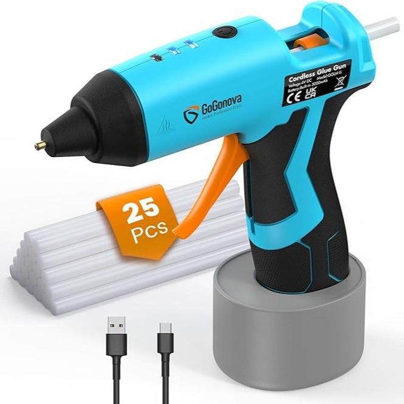 【Halloween Must-Haves】Gogonova Glue Gun, 20S Fast Preheating Anti-Drip Cordless Glue Gun, 2Ah USB-C Rechargeable with 25 Pcs Mini Glue Sticks, Smart Power-Off Tool Rubber Portable Handle